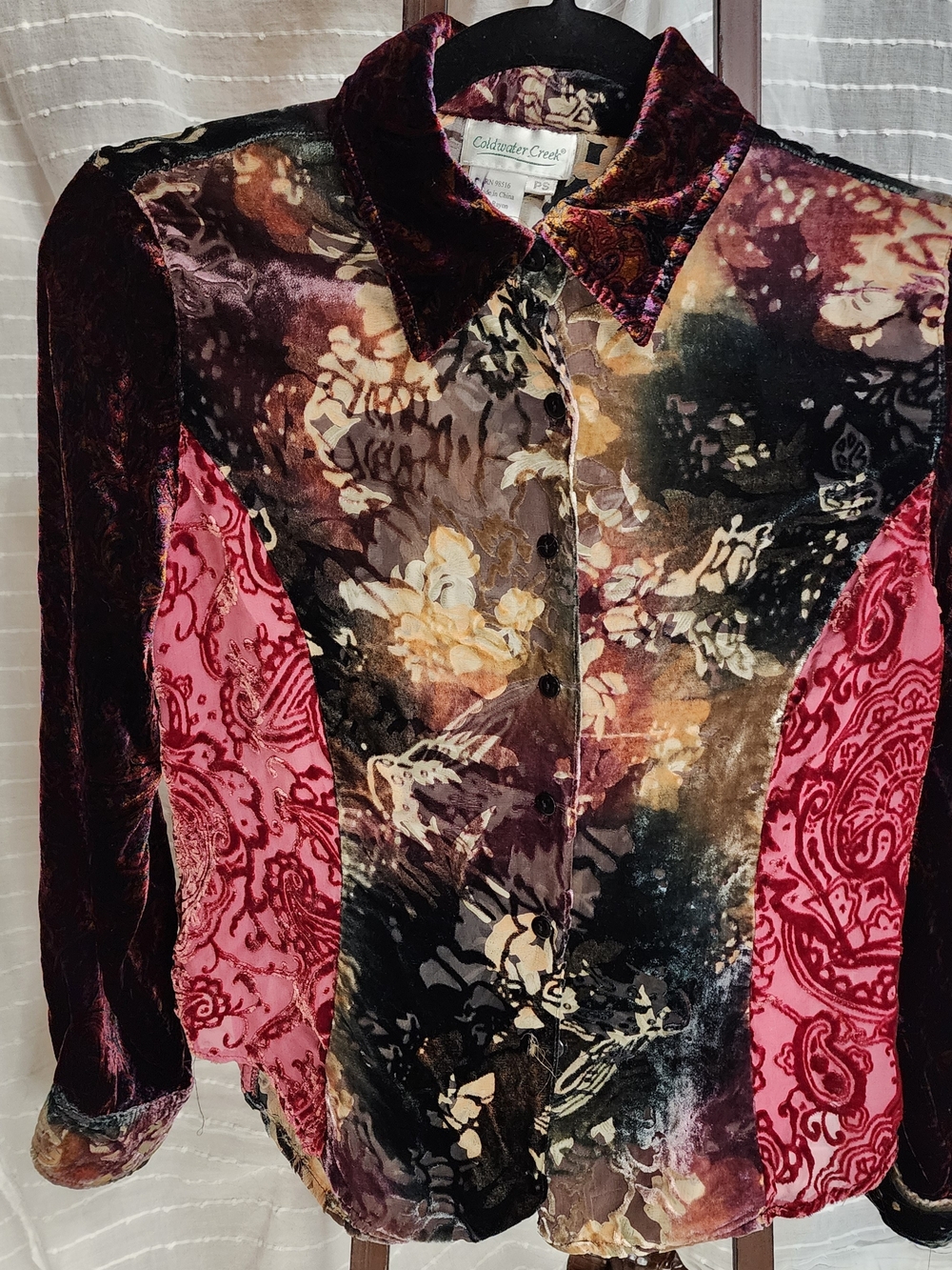 Coldwater Creek Silk Blend Velvet Floral Button-Up Blouse Semi Sheer‎